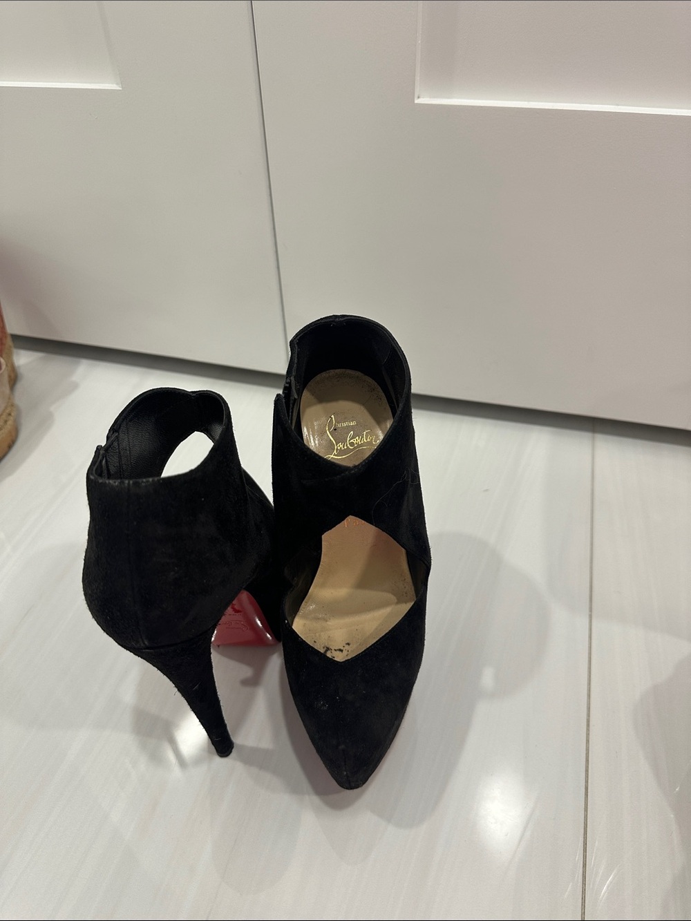 Christian Louboutin Black Suede Cutout Pointed Stiletto Booties with Red Soles